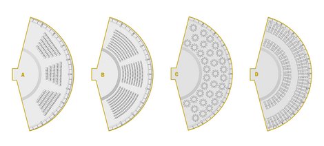 Porsche Auditorium - Bestuhlung A. Parlamentarisch: bis zu 200 Personen B. Reihe: bis zu 500 Personen C. Bankett: bis zu 330 Personen D. Tafel: bis zu 400 Personen Schaubild unterschiedliche Bestuhlung.