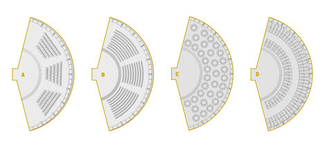 Porsche Auditorium - Bestuhlung A. Parlamentarisch: bis zu 200 Personen B. Reihe: bis zu 500 Personen C. Bankett: bis zu 330 Personen D. Tafel: bis zu 400 Personen Schaubild unterschiedliche Bestuhlung.